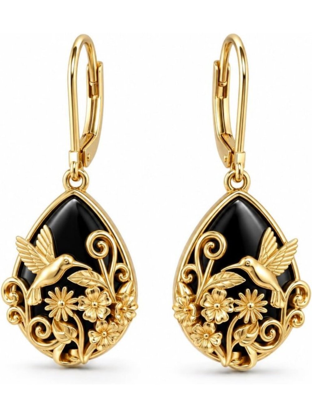 Elegant 14K Gold Plated Black Onyx Teardrop Earrings - Stylish Filigree Design